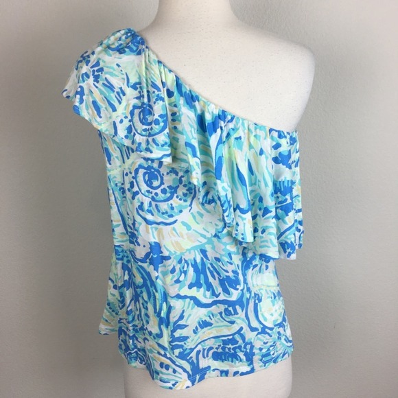 Lilly Pulitzer Blue Abstract Print One Shoulder Top Small - Picture 5 of 6